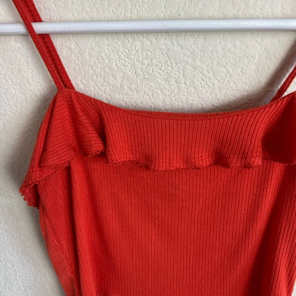 Forever 21 Orange Red Ruffle Neck Ribbed Crop Tank Top - Picture 5 of 9